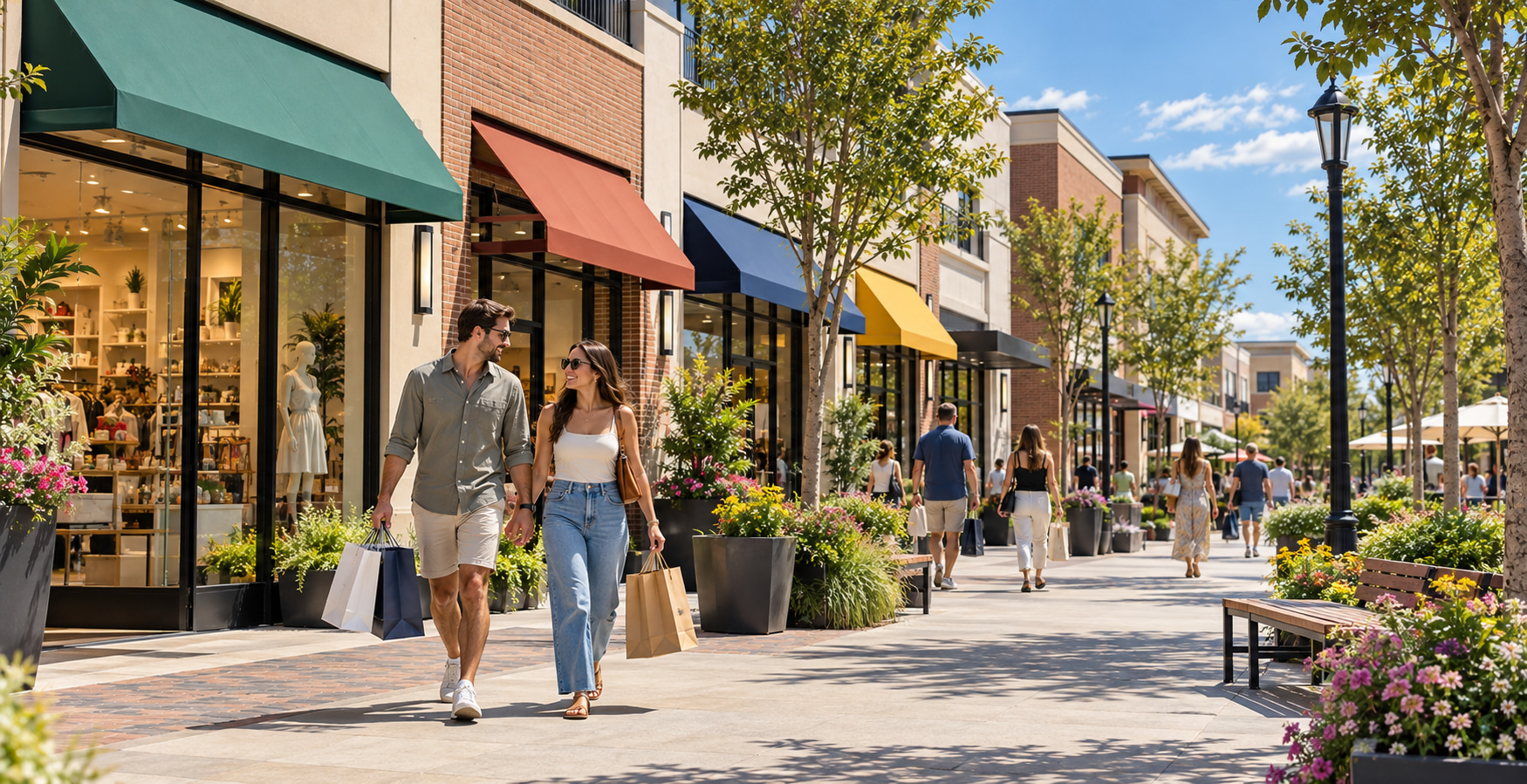 Shoppers walking past storefronts with colorful awnings on a sunny, tree-lined retail street
